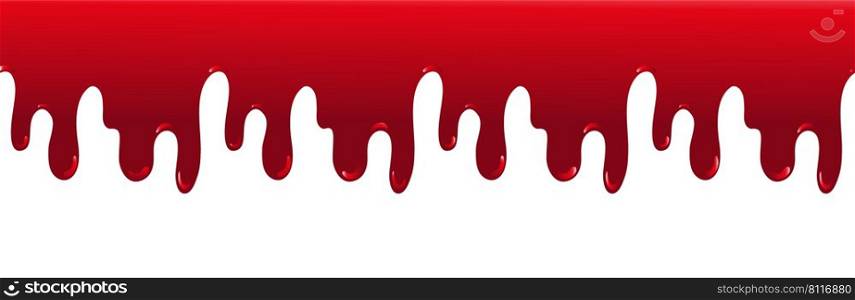 Red blood, jam or paint dripping, melted, liquid banner, seamless border background design.