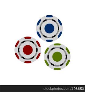 Red, blue and green casino tokens flat icon isolated on white background. Red, blue and green casino tokens flat icon