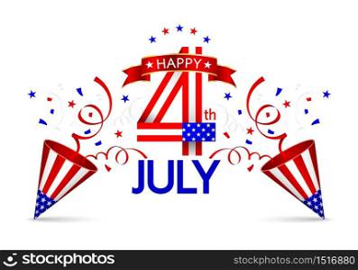 Red, blue and white ribbon of paper shoot. Celebrating Fourth of July Independence Day. Illustration isolated on white background.