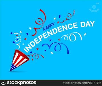 Red, blue and white ribbon of paper shoot. Celebrating Fourth of July Independence Day. Illustration isolated on blue background.