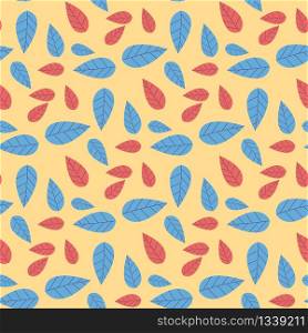 Red Blue Foliage Floral Texture Flat Seamless Pattern Template Ecological Ornament on Yellow Backdrop Beautiful Decor Page with Summer Element in Natural Style Organic Vector Illustration Composition. Foliage Floral Texture Cartoon Seamless Pattern