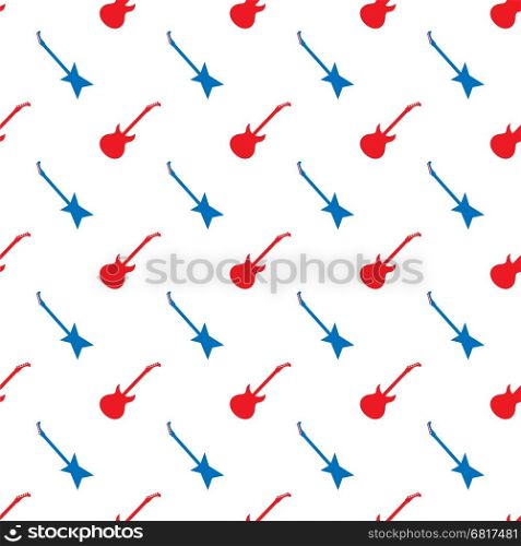 Red Blue Guitar Silhouettes Seamless Pattern on White Background. Red Blue Guitar Silhouettes Seamless Pattern