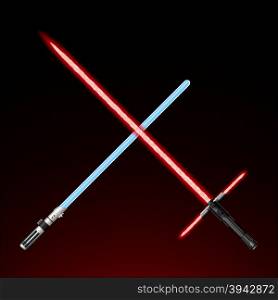 Red Blue Light Sabers, Energy Swords - Futuristic Energy Weapon. On Black Background. Vector Illustration