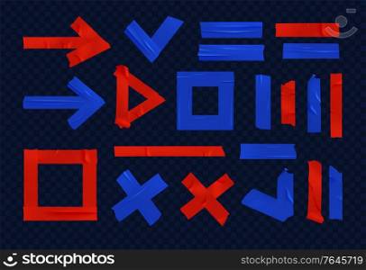 Red blue sticky adhesive tape realistic icon set they look like different shapes triangle arrow circle for example vector illustration