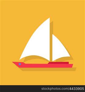 Red Boat with White Sails. Red boat with white sails icon in flat style isolated on yellow background. Vector illustration