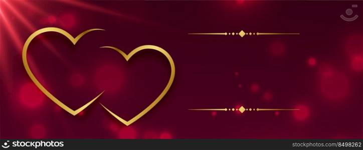 red bokeh valentines day banner with golden hearts and light effect