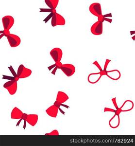 Red Bow And Ribbon Vector Color Icons Seamless Pattern. Decorative Bow, Female Hair and Clothes Accessories Linear Symbols Pack. Presents And Festive Gifts Packaging Decor Illustrations. Red Bow And Ribbon Vector Seamless Pattern