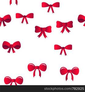 Red Bow And Ribbon Vector Color Icons Seamless Pattern. Decorative Bow, Female Hair and Clothes Accessories Linear Symbols Pack. Presents And Festive Gifts Packaging Decor Illustrations. Red Bow And Ribbon Vector Seamless Pattern