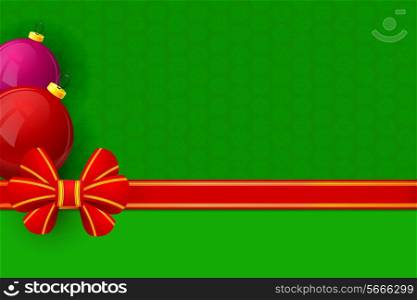 Red bow gift wrapping on green floral background with Christmas toys. Vector illustration.