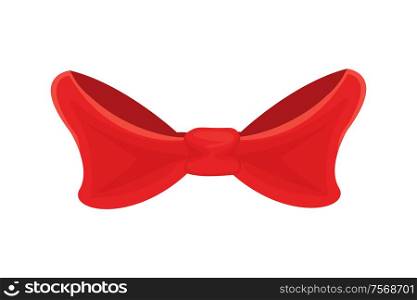Red bow isolated on white. Single gift knot of ribbon in flat style design. Vector cartoon illustration of bowtie from wide strip, decorative element. Red Bow, Bright Accessory Isolated on White Vector