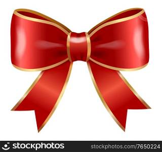 Red bow made from ribbons isolated on white background. Sample of knots for decoration gift boxes for holiday. Wrapping packages for party celebration. Vector gift bow illustration. Festive Red Bows and Ribbons, Decor for Boxes