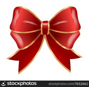 Red bow made from ribbons isolated on white background. Sample of knots for decoration gift boxes for holiday. Wrapping packages for party celebration. Vector gift bow illustration. Festive Red Bows and Ribbons, Decor for Boxes