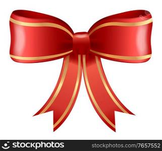 Red bow made from ribbons isolated on white background. S&le of knots for decoration gift boxes for holiday. Wrapping packages for party celebration. Vector gift bow illustration. Festive Red Bows and Ribbons, Decor for Boxes