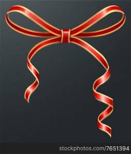 Red bow of ribbon, present decor, gift box wrapping and decorative item. Valentine day or Birthday surprise adornment, shiny curly stripe tied in knot. Holiday gift decoration vector illustration. Red Ribbon Bow, Present or Surprise Gift Decor