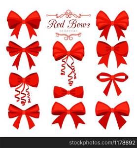 Red bow set. Cartoon vector red ribbons satin bows for xmas gifts, present cards and luxury wrap pack isolated on white background, vector illustration. Cartoon red bow set