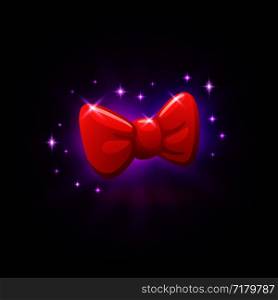 Red bow tie slot icon for online casino or mobile game, vector illustration with sparkles on dark purple background. Red bow tie slot icon for online casino or mobile game, vector illustration with sparkles on dark purple background.