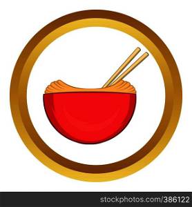 Red bowl of rice with pair of chopsticks vector icon in golden circle, cartoon style isolated on white background. Red bowl of rice with pair vector icon