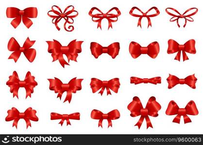 Red bows set graphic elements in flat design. Bundle of different types of decorative silk or satin bows for gifts, wrapping invitation and decorating presents. Vector illustration isolated objects