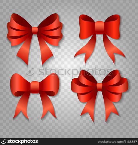 Red bows withshadows. Decoration elements isolated on transparent background. Vector ilustration