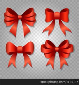Red bows withshadows. Decoration elements isolated on transparent background. Vector ilustration