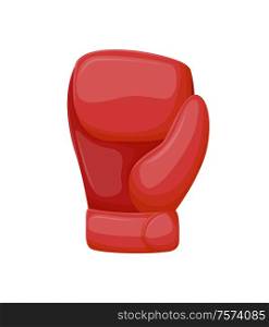 Red boxing glove accessory, sport and training wear for boxers arms. 3D vertical sportive equipment for combating by hands, element for fighting game vector. Boxing Glove Accessory, Combating by Hands Vector