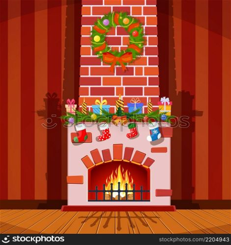 Red brick classic fireplace with socks, candle balls gifts and wreath. Happy new year decoration. Merry christmas holiday. New year and xmas celebration. Vector illustration in flat style. Red brick classic fireplace with socks,
