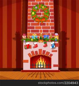 Red brick classic fireplace with socks, candle balls gifts and wreath. Happy new year decoration. Merry christmas holiday. New year and xmas celebration. Vector illustration in flat style. Red brick classic fireplace with socks,
