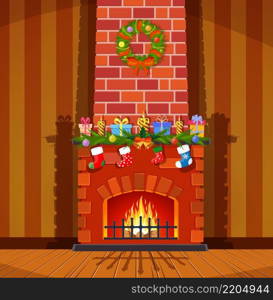 Red brick classic fireplace with socks, candle balls gifts and wreath. Happy new year decoration. Merry christmas holiday. New year and xmas celebration. Vector illustration in flat style. Red brick classic fireplace with socks,