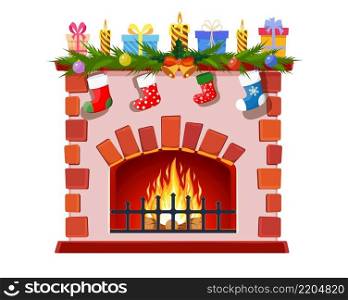 Red brick classic fireplace with socks, candle balls gifts. Happy new year decoration. Merry christmas holiday. New year and xmas celebration. Vector illustration flat style. Red brick classic fireplace