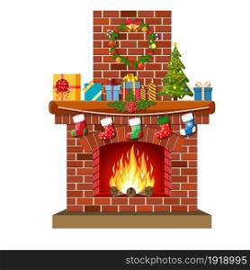 Red brick classic fireplace with socks, christmas tree, candle balls gifts and wreath. Happy new year decoration. Merry christmas holiday. New year and xmas celebration. Vector illustration flat style. Christmas red brick classic fireplace