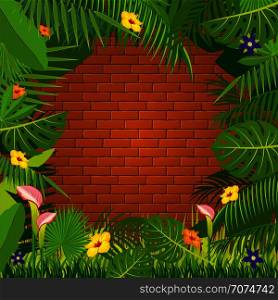Red brick wall and jungle green frame design. Template banner, vector illustration. Red brick wall and jungle green frame design