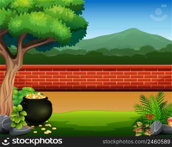Red brick wall background with pot of coins
