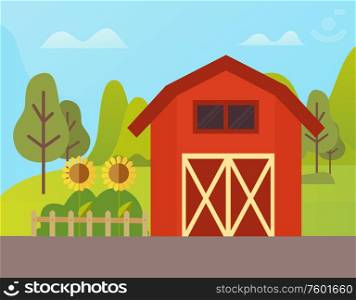 Red building for livestock vector, sunflowers growing by farmhouse, wooden fence and trees. Natural environment of ranch grange in rural area, farm. Farm House, Ranch and Sunflowers Growing on Ground