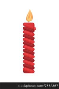 Red burning isolated candle with fire Christmas and new Year decorative element. Romantic swirled burning object, spa aroma paraffin object, vector icon. Red Burning Isolated Candle with Fire, Christmas