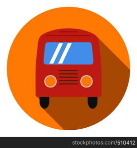 Red bus icon in flat style in yellow circle with shadow. Front view. Bus icon, flat style