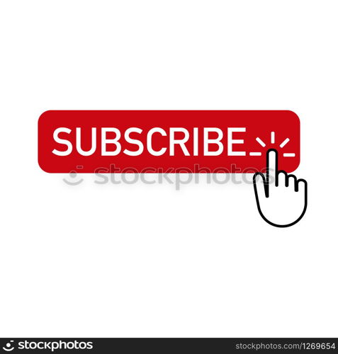 red button subscribe with hand clicking on vector