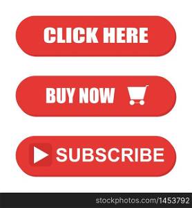 Red button vector set, subscribe, click here, buy now.
