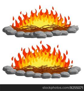 Red c&fire. Orange flame. Tourist bonfire. Element of a hike. Heat and hot object. Fire lined with stones. Cartoon flat illustration. Red c&fire. Orange flame. Tourist bonfire