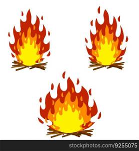 Red c&fire. Orange flame. Tourist bonfire. Element of a hike. Heat and hot object. Fire lined with stones. Cartoon flat illustration. Red c&fire. Orange flame. Fire with stones