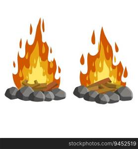 Red c&fire. Orange flame. Tourist bonfire. Element of a hike. Heat and hot object. Fire lined with stones. Cartoon flat illustration. Red c&fire. Orange flame.