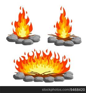 Red c&fire. Orange flame. Tourist bonfire. Element of a hike. Heat and hot object. Fire lined with stones. Cartoon flat illustration. Red c&fire. Orange flame. Tourist bonfire