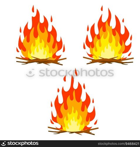 Red c&fire. Orange flame. Tourist bonfire. Element of a hike. Heat and hot object. Fire lined with stones. Cartoon flat illustration. Red c&fire. Orange flame. Tourist bonfire.