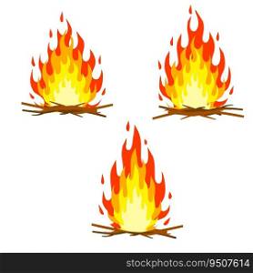 Red c&fire. Orange flame. Tourist bonfire. Element of hike and fire. Heat and hot object. Cartoon flat illustration. Red c&fire. Orange flame.