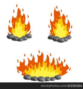 Red c&fire. Orange flame. Tourist bonfire. Fire lined with stones. Cartoon flat illustration. Element of a hike. Heat and hot object. Red c&fire. Orange flame. Tourist bonfire.