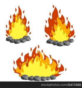 Red c&fire. Orange flame. Tourist bonfire. Fire lined with stones. Cartoon flat illustration. Element of a hike. Heat and hot object. Red c&fire. Orange flame. Tourist bonfire.