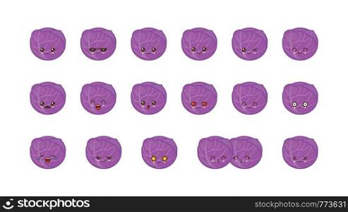 Red Cabbage cute kawaii mascot. Set kawaii food faces expressions smile emoticons.