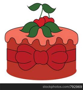 Red cake with cherry, illustration, vector on white background.