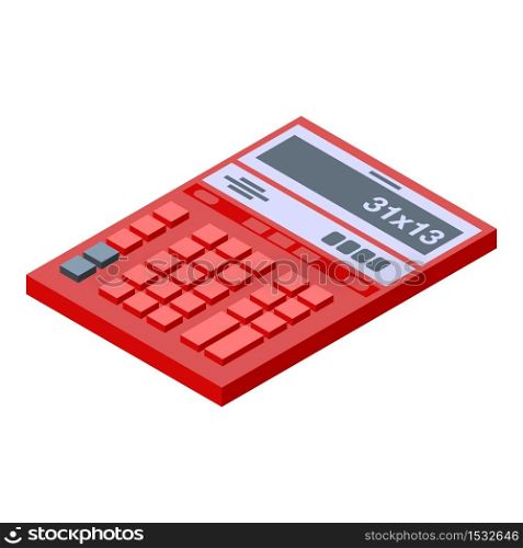 Red calculator icon. Isometric of red calculator vector icon for web design isolated on white background. Red calculator icon, isometric style