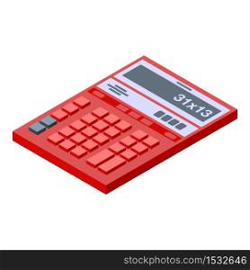 Red calculator icon. Isometric of red calculator vector icon for web design isolated on white background. Red calculator icon, isometric style