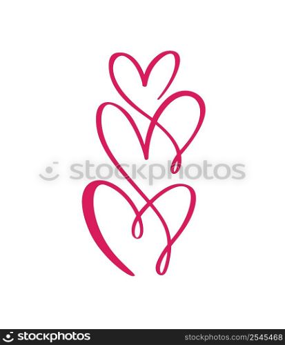 Red Calligraphy three lovers hearts. Hand drawn icon logo vector family valentine day. Decor for greeting card, mug, photo overlays, t-shirt print, flyer, poster design.. Red Calligraphy three lovers hearts. Hand drawn icon logo vector family valentine day. Decor for greeting card, mug, photo overlays, t-shirt print, flyer, poster design
